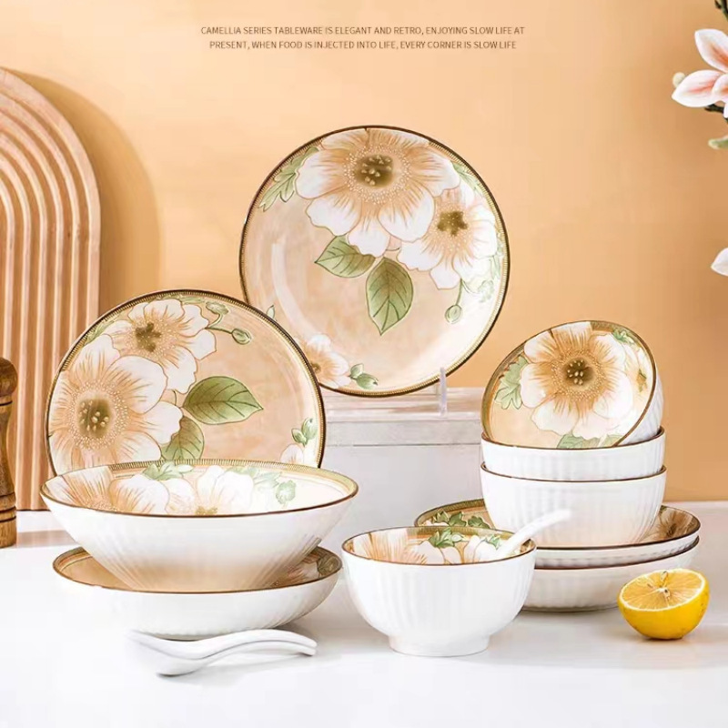 Japanese Retro Camellia Ceramic Bowls and Dishes Tableware Home Bowls and Plates Creative Trendy Rice Bowls Ramen Bowls