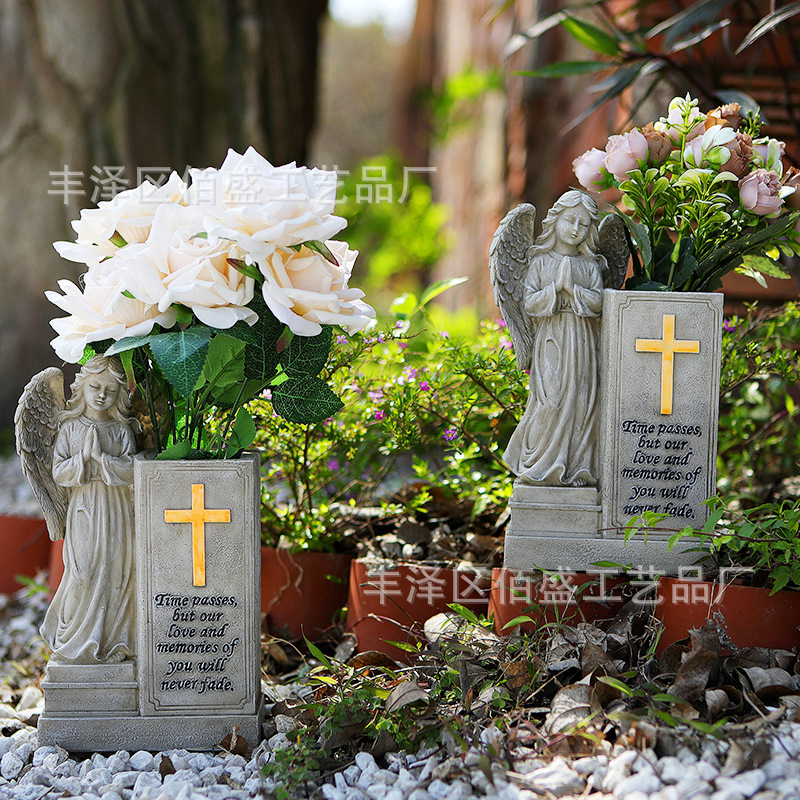 Transfronterizo Amazon Cruz Retro Ángel Adornos Jardín Maceta Decoraciones Cementerio Jarrón Resina Recuerdos