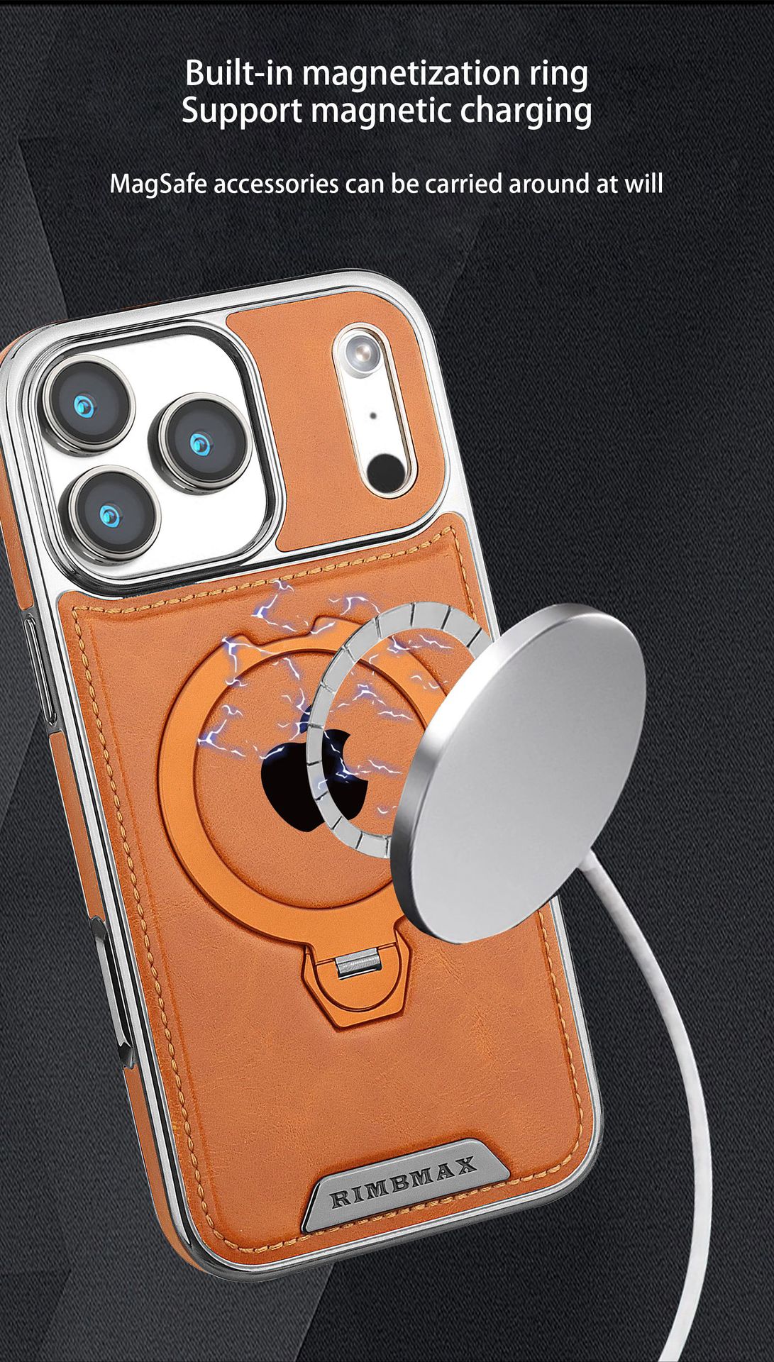 Ốp lưng da cao cấp cho iPhone 16, chống rơi, tích hợp giá đỡ từ tính xoay — Màu đen, Nâu thanh lịch, Nâu mocha, Màu xám chi tiết 19