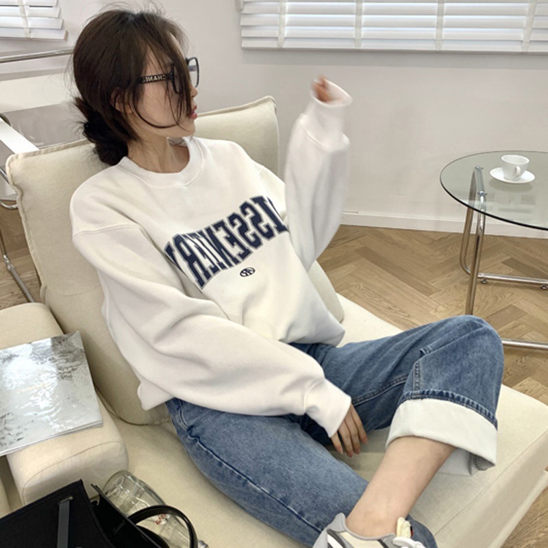 Sudadera fina para mujer, otoño 2025, nuevo estilo coreano, cuello redondo, estampado de letras, holgada, chaqueta informal para estudiantes, ropa de moda para mujer