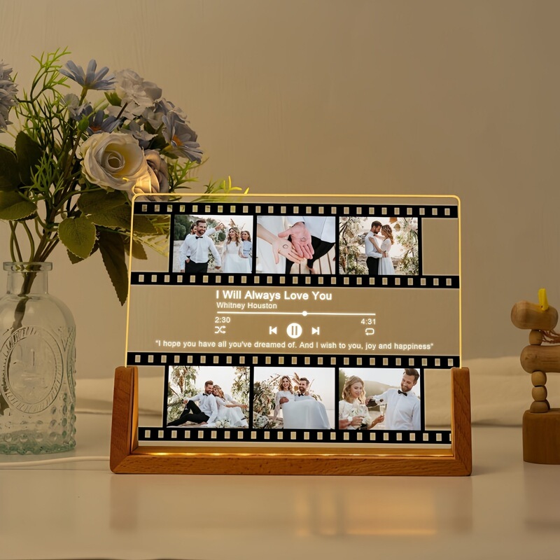 Customized Wholesale Wooden Photo Frame Base Creative Solid Wood Acrylic Ornaments 3D Night Light U-Shaped Photo Frame Lamp Holder