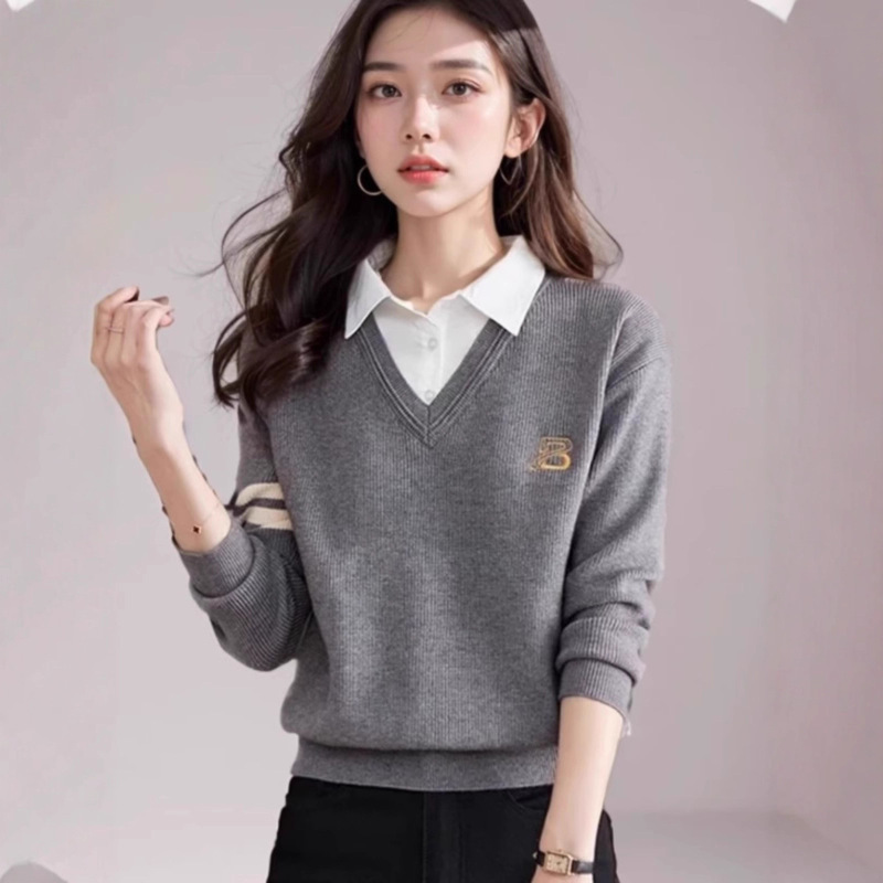 洋气假两件套上衣女秋冬款2025新款衬衫领针织打底衫休闲外穿毛衣|undefined