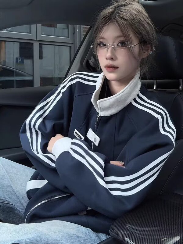 解构条纹立领外套男春秋宽松休闲开衫卫衣潮牌美式青少年运动夹克|undefined