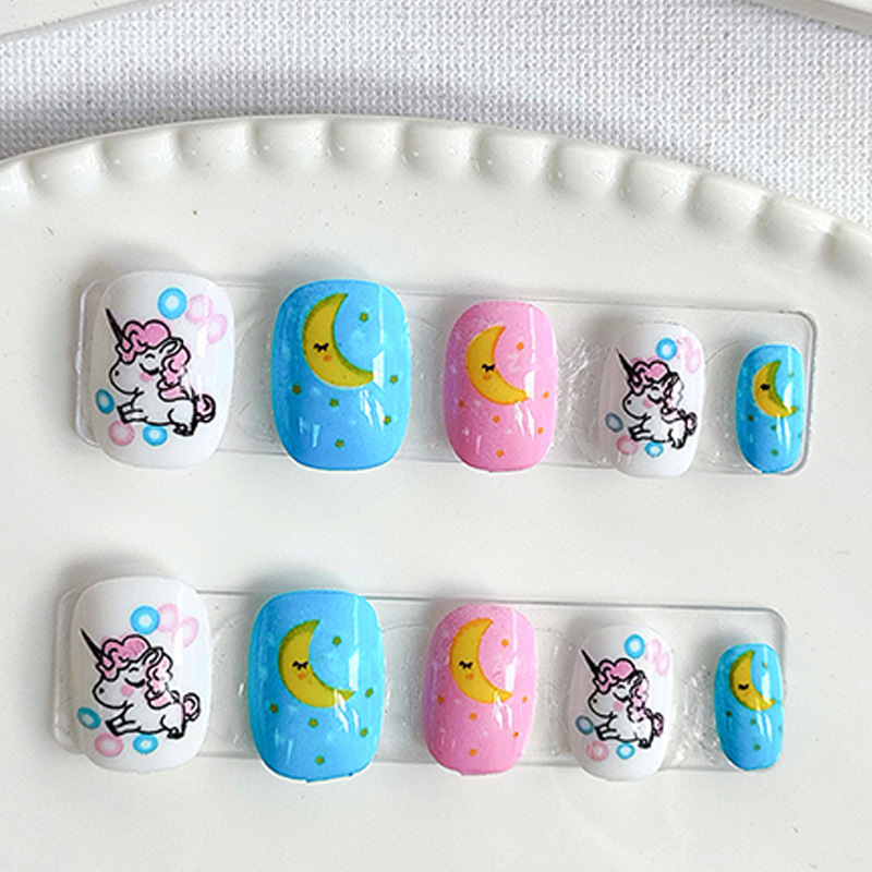 Short Square and Round Nails with Blue and Pink Base, Unicorn and Moon Designs, Ins-Style Energetic Girl Nail Art Pieces Short Square and Round Nails with Blue and Pink Base, Unicorn and Moon Designs, Ins-Style Energetic Girl Nail Art Pieces