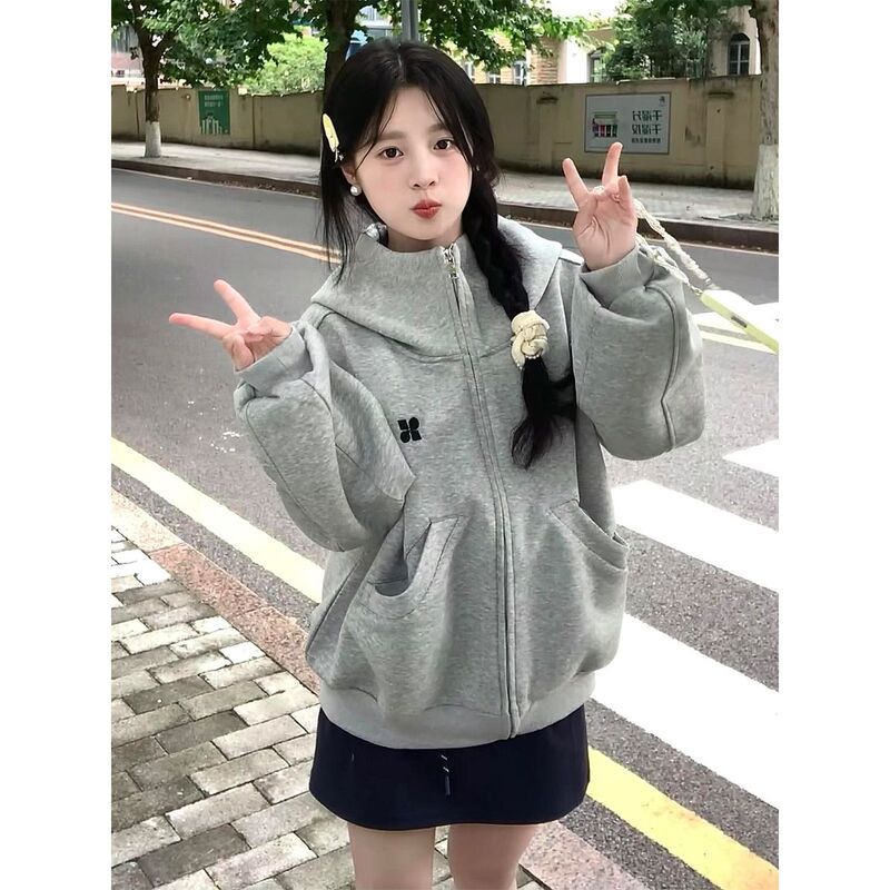 美式复古拉链开衫连帽卫衣女春秋宽松设计简约学院风休闲百搭外套|undefined