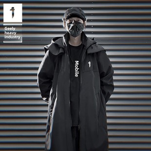 吉业重工 National Trend Spring and Autumn New Functional Double Zipper Long Trench Coat Men's Loose Casual Hooded Jacket