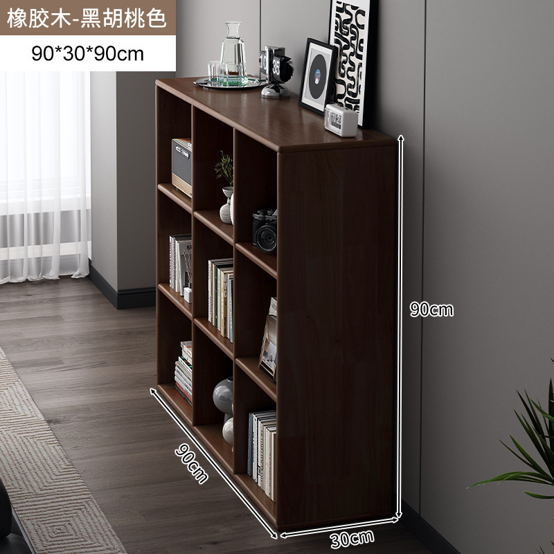 Estantería de madera de goma, gabinete de rejilla de madera maciza, sala de estar, soporte integrado contra la pared, almacenamiento de piso, estantería de color de nogal americano