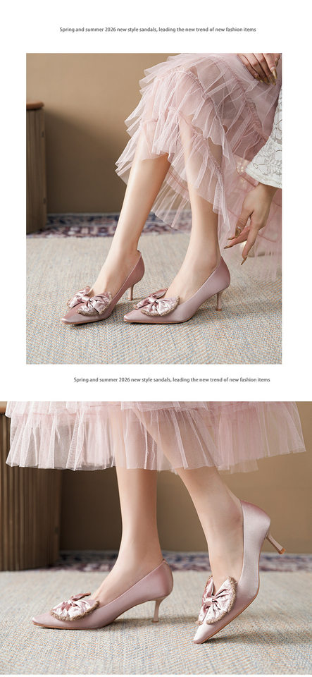 Giày cao gót nữ mũi nhọn gót mảnh 6–8 cm, nơ lụa satin lớn, phối váy — Màu hồng, Màu trắng ngà, màu đen chi tiết 10