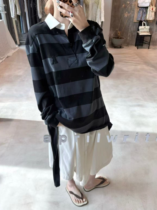OPEN YY设计师品牌25秋冬款polo领撞色条纹设计感系带长袖休闲T恤|undefined