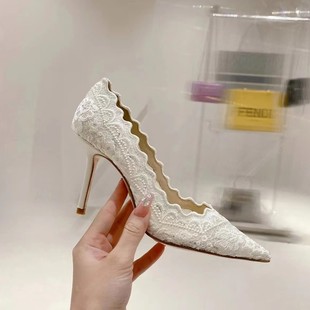 White high heels wedding shoes for women 2025 spring new pointed toe thin heel embroidered lace Xiuhe wedding bridal shoes
