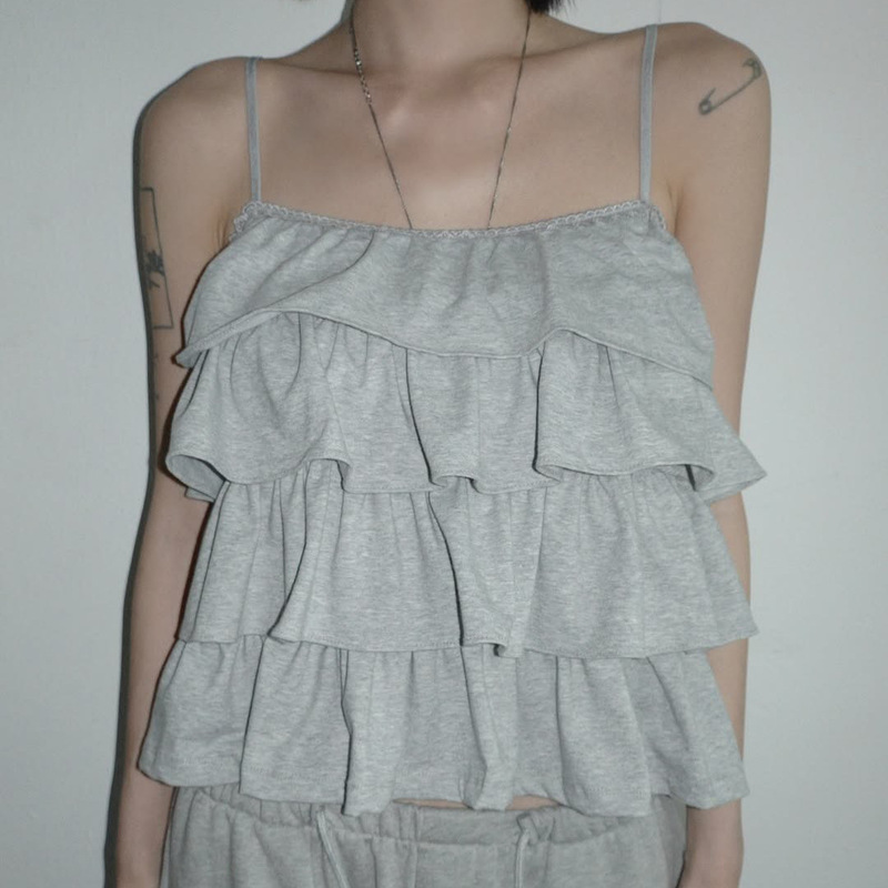 Korean-Style Sweet Lace-Trimmed Layered Camisole with Thin Straps and Multi-Layered Ruffles, Short Top for Women Korean-Style Sweet Lace-Trimmed Layered Camisole with Thin Straps and Multi-Layered Ruffles, Short Top for Women