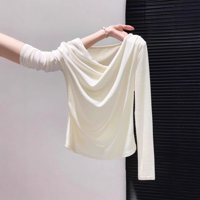 French Slant Collar Long-Sleeved T-Shirt for Women 2025 Early Autumn New Slim Fit Exposed Collarbone Elegant Short Bottoming Top