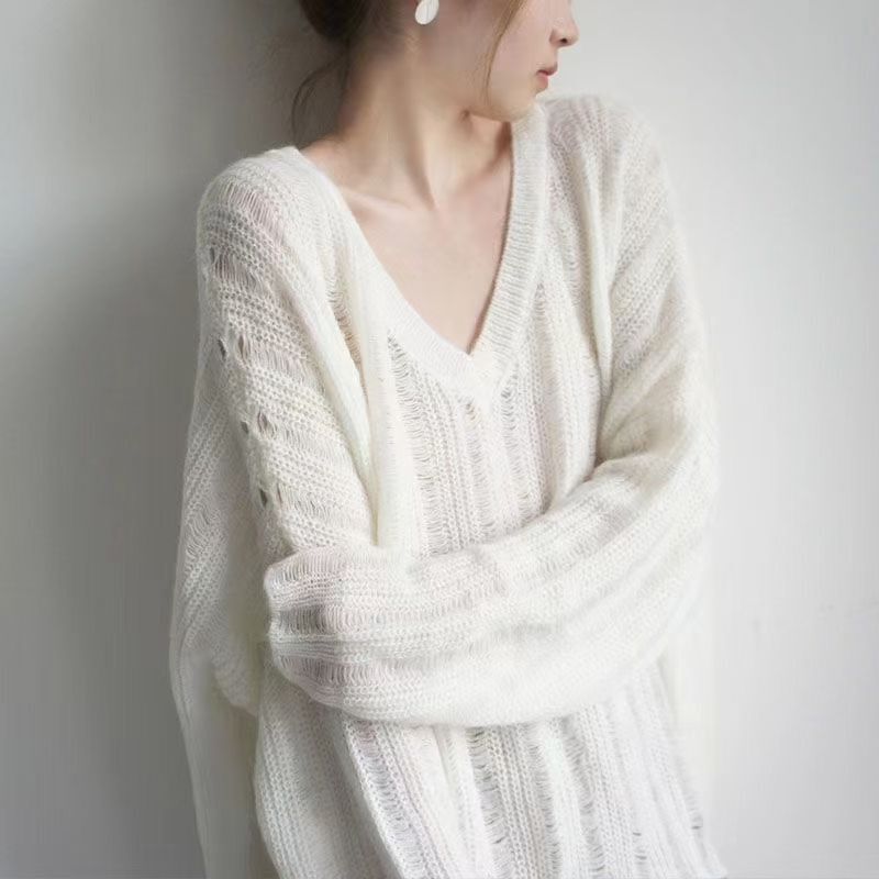Korean Style Spring New Lazy Style Women's Loose-Fitting Off-Shoulder V-Neck Long-Sleeve Slimming Mid-Length Hollow-Out Knit Sweater