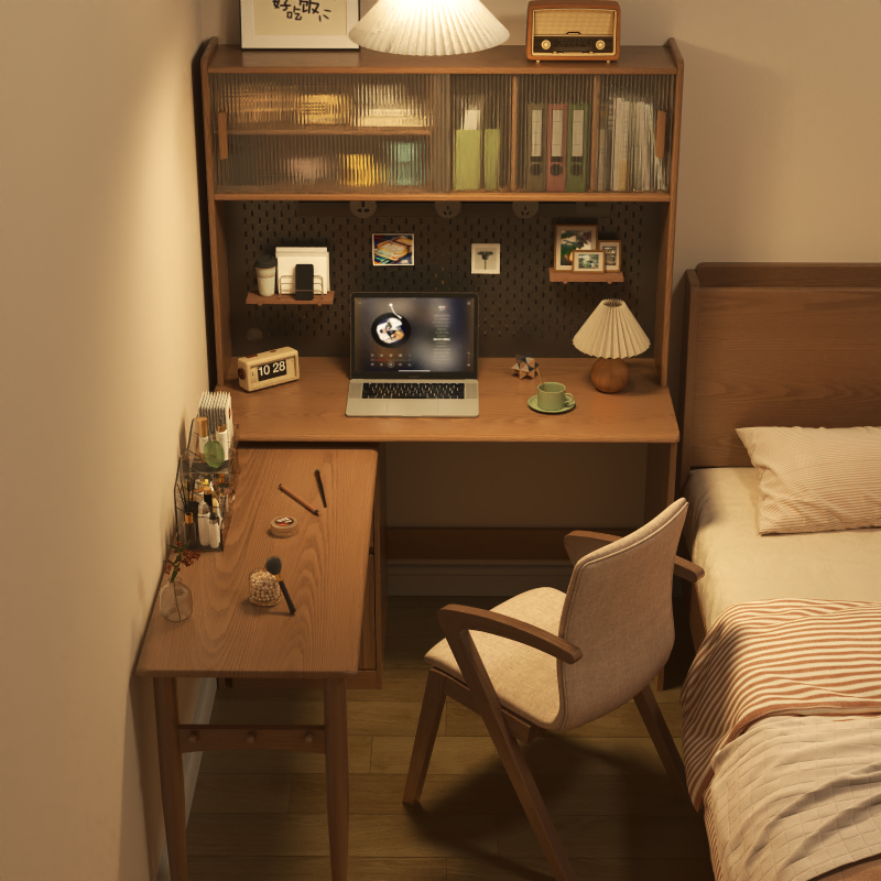 Solid Wood Corner Foldableing Desk Bookshelf Integrated Bedroom Corner Book Wall L-Shaped Rotating Foldableing Study Computer Desk