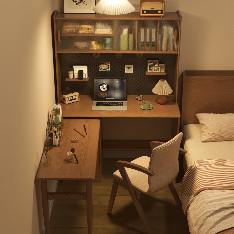 Solid Wood Corner Foldableing Desk Bookshelf Integrated Bedroom Corner Book Wall L-Shaped Rotating Foldableing Study Computer Desk