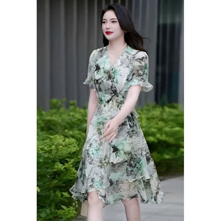 French High-End Elegant Floral Dress for Women 2025 Summer New Chinese Style Ink Print Chiffon Skirt