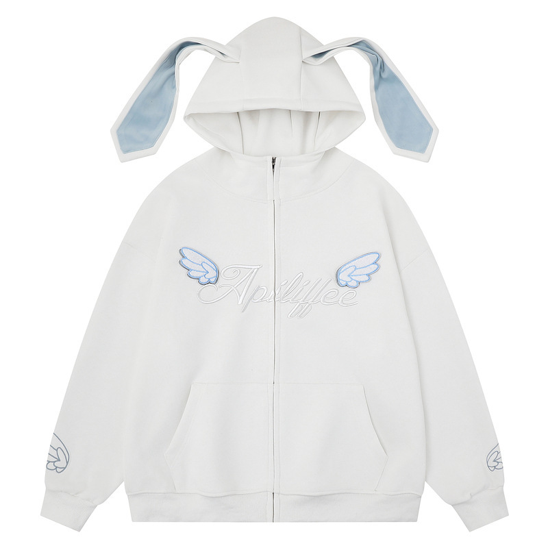 Lazy Chic Cute Patchwork Embroidered Little Wings Long Ears Tie-Up Cardigan Unisex 2026 Spring New Top