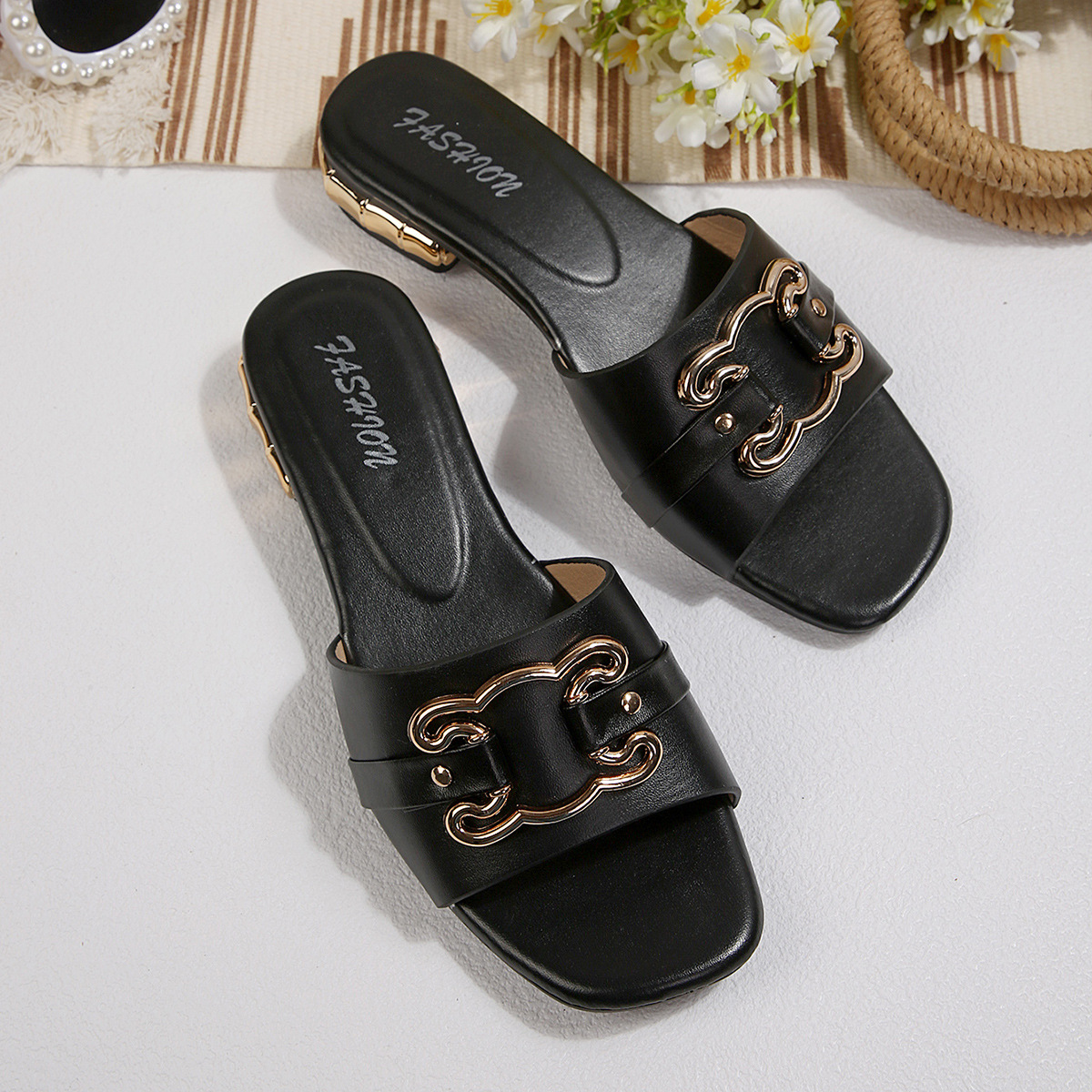 Sandalias de Tacón Alto con Punta Cuadrada para Mujer de Cuero Sintético con Tacón Grueso para Verano