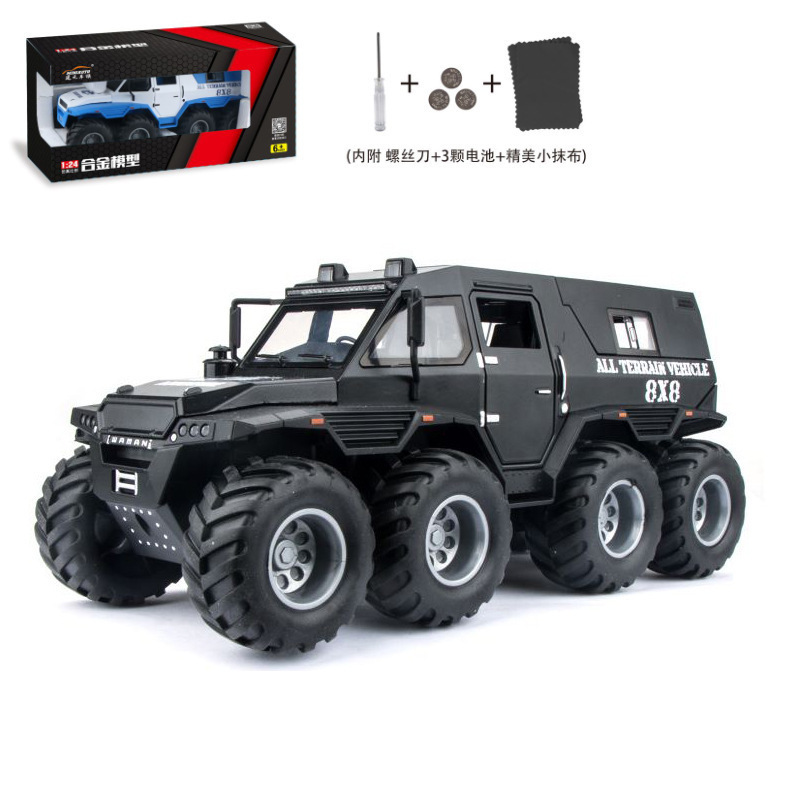 Modelo de coche de aleación de simulación Jianyuan 1:24 conquistador chamán Tire hacia atrás vehículo todoterreno con sonido y luz modelo de coche de juguete adornos