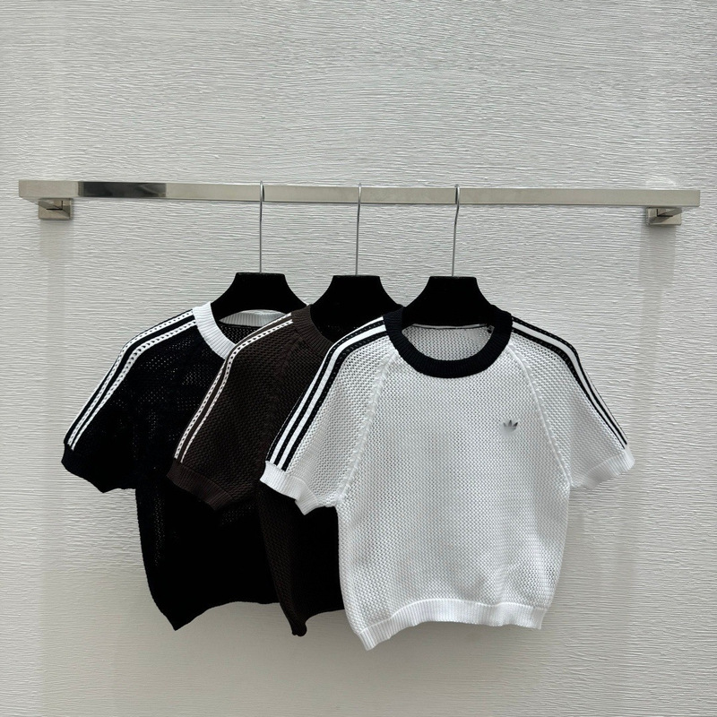 Authentic High-End Version of Adidas Originals 26 Early Spring New Style Color-Block Striped Hollow-Out Round Neck Knit Short-Sleeve Top Authentic High-End Version of Adidas Originals 26 Early Spring New Style Color-Block Striped Hollow-Out Round Neck Knit Short-Sleeve Top