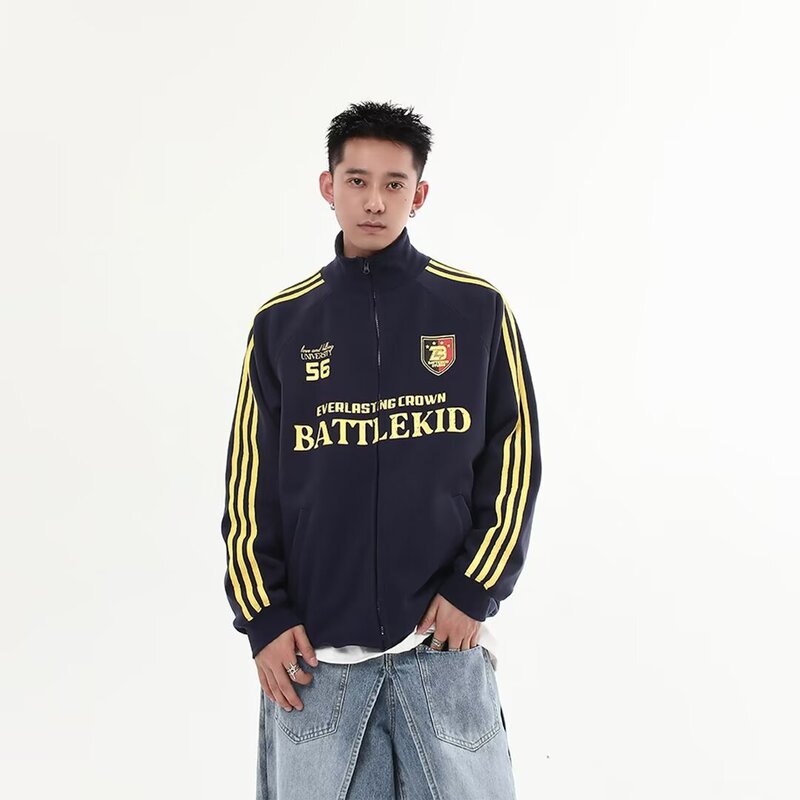 Vintage American Autumn Campus Street Jersey Three Bars Vertical Collar Sweatshirt Jacket Letter Men's and Women's Jacket Coat