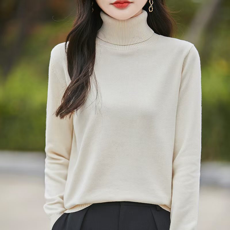 100 Cotton Turtleneck Pullover Long Sleeve Sweater Women's Soft Skin-Fit Loose Casual Base Thin Sweater