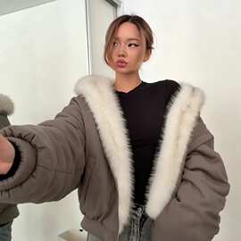 跨境欧美风2026年冬季新款女双面穿连帽毛毛保暖夹克外套棉服女装