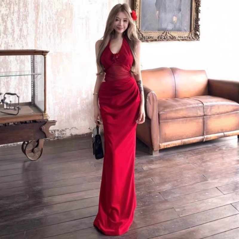 Red Floral Backless Halter Neck Dress for Women, Summer Gown, Pure Desire Slim-Fit Dress, Designer Bodycon Long Dress
