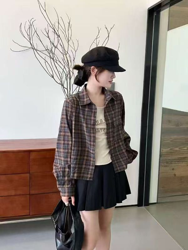 韩系复古美式格子衬衫女2025初秋新款小众字母印花吊带上衣两件套|undefined