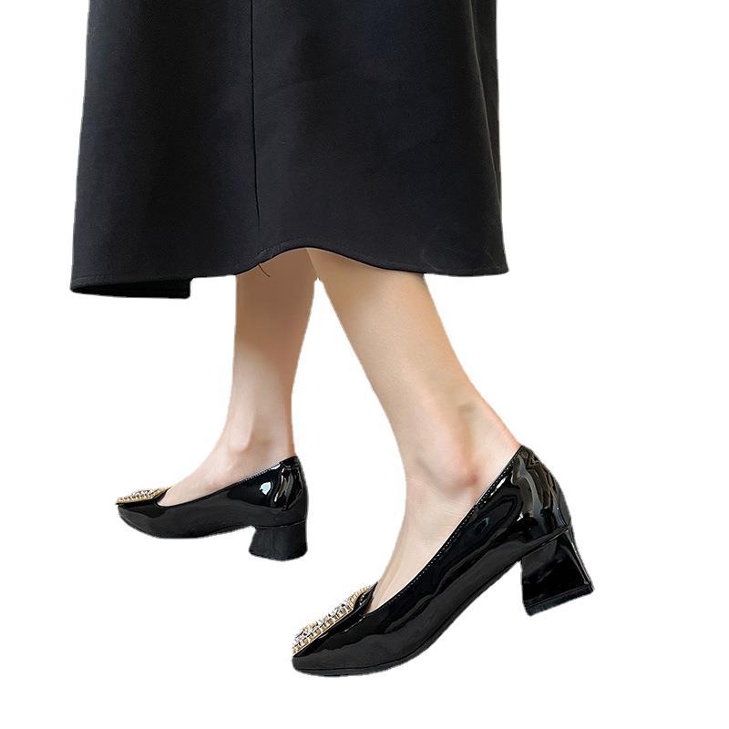 2022 nuevos zapatos de primavera para mujer, estilo coreano de todo fósforo, diamantes de imitación, hebilla cuadrada, temperamento, zapatos de mujer, tacón grueso, punta redonda, tacones altos negros