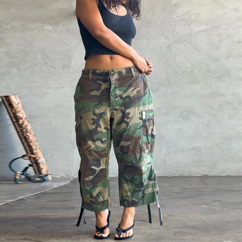 European and American cross-border Amazon vintage army green camouflage pants, summer loose fit, slimming straight wide-leg style