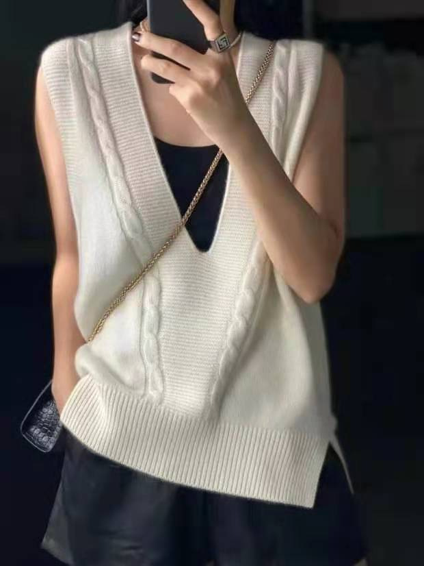 Otoño de las nuevas mujeres con cuello en v chaleco suelto más tamaño suéter de punto estilo coreano lana peinada chaleco torcido