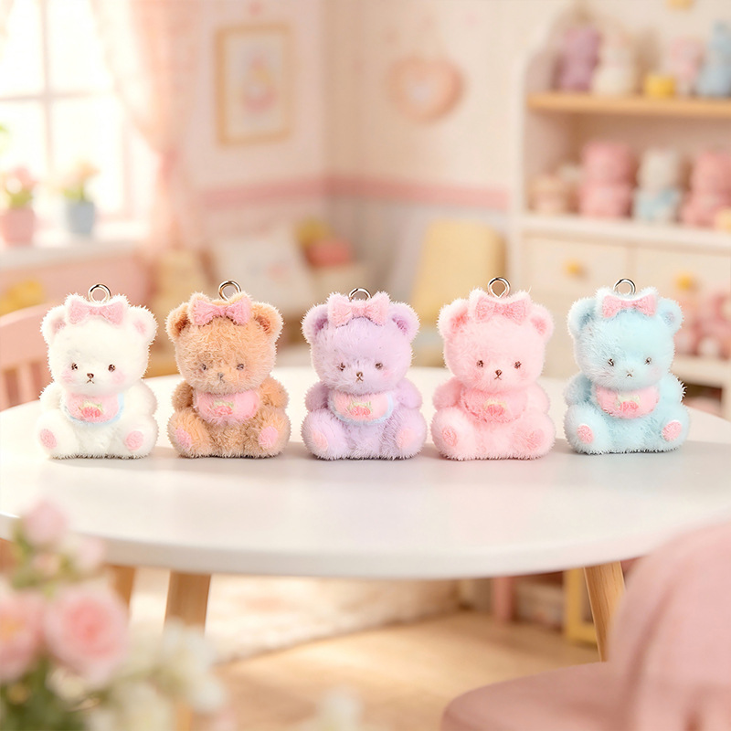 Cartoon Flocked 3D Bear Resin Small Ornaments Handmade DIY Phone Case Pendants Accessories Materials