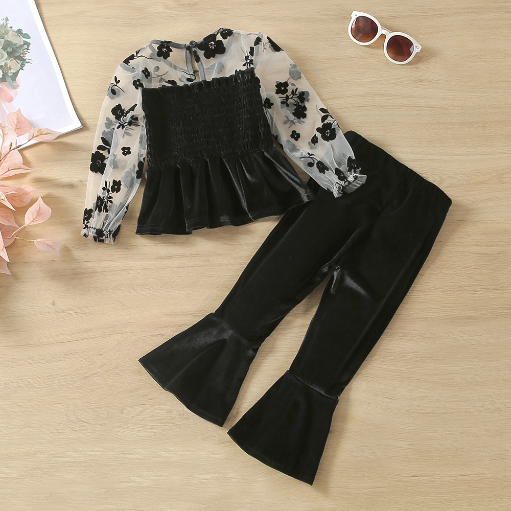 Nouveaux produits de vêtements pour enfants EW pour filles en automne et en hiver, ensemble de mode pantalon évasé en maille de velours TZ616-C_voghion.com