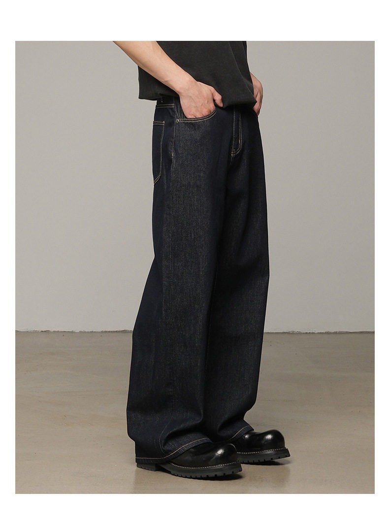 Classic American Raw Denim Jeans For Men – Straight Leg Relaxed Fit Washed Black Denim Pants, Vintage Style For Everyday Wear_mkmklike.com