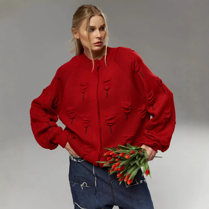 European and American Style Lazy Style Tulip Jacquard Knitted Cardigan for Women, New Spring and Autumn Design, Gentle and Stylish Red Sweater Wholesale European and American Style Lazy Style Tulip Jacquard Knitted Cardigan for Women, New Spring and Autumn Design, Gentle and Stylish Red Sweater Wholesale