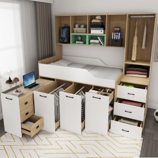 Solid Wood Upper Bed Wardrobe with High Box Small Apartment Small Bedroom Desk Integrated Combination Multi-functional Kidsren's Half-height Bed