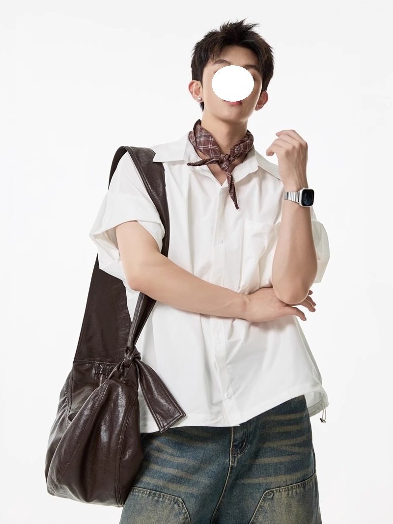 Khaki Tooling Shirt Short-sleeved Men's Summer American Simple Loose Lapel Shirt Drawstring Design Couple Inch Clothes Tide_viptrois.com