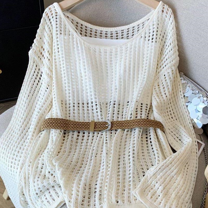 Hot Girl Sexy Hollow-Out Lazy Style Long-Sleeve Knit Sweater for Women, New Autumn Style with Belt, Loose Outerwear Thin Top Hot Girl Sexy Hollow-Out Lazy Style Long-Sleeve Knit Sweater for Women, New Autumn Style with Belt, Loose Outerwear Thin Top