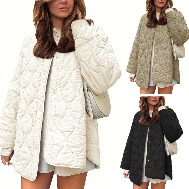 Cross-Border Foreign Trade Wholesale 2025 Autumn and Winter New European and American Style Quilted Simple Solid Color Round Neck Loose Cotton Coat