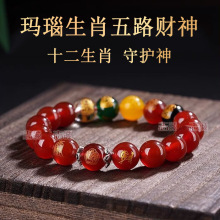 天然红玛瑙生肖平安三面带字守护女士款手链五路财神手串玉髓批发