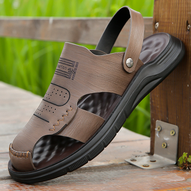 Men's Leather Closed Toe Sandals For Beach And Driving Casual_voghion.com