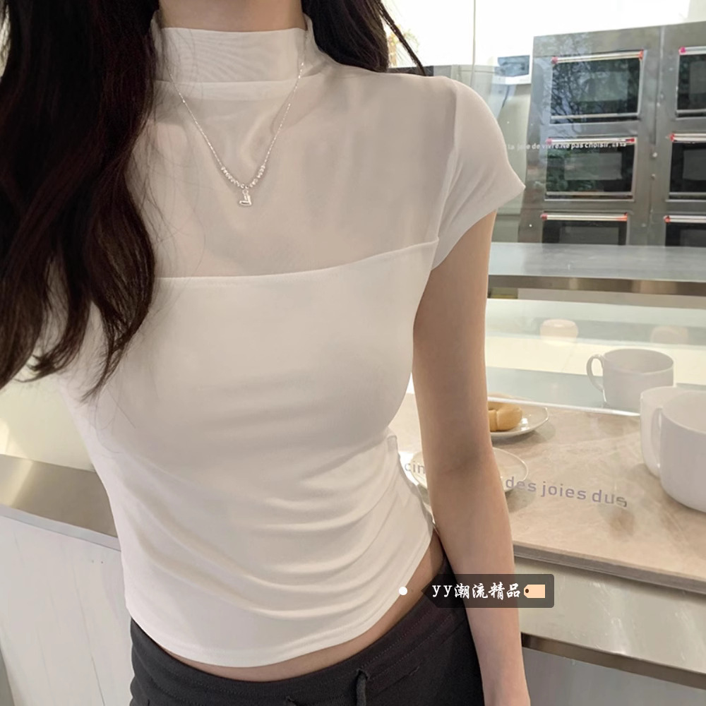 디자인 틈새 여름 하프 터틀넥 슬림 메쉬 스플라이싱 다재다능한 달콤한 핫 소녀 섹시한 티셔츠 여성용 반팔 탑