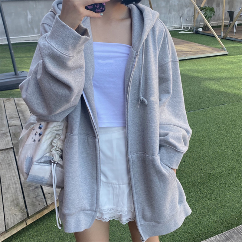 グレーのフード付きスウェットシャツの女性の新しいルーズベルベットカジュアルスポーツコート春と秋の長袖ジッパーカーディガントップ|undefined