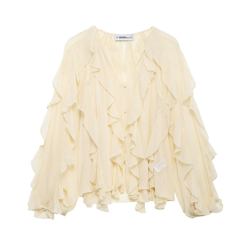 2025 European and American Style Spring Women's Long-Sleeve Layered-Design Ruffle-Trimmed Shirt 6112