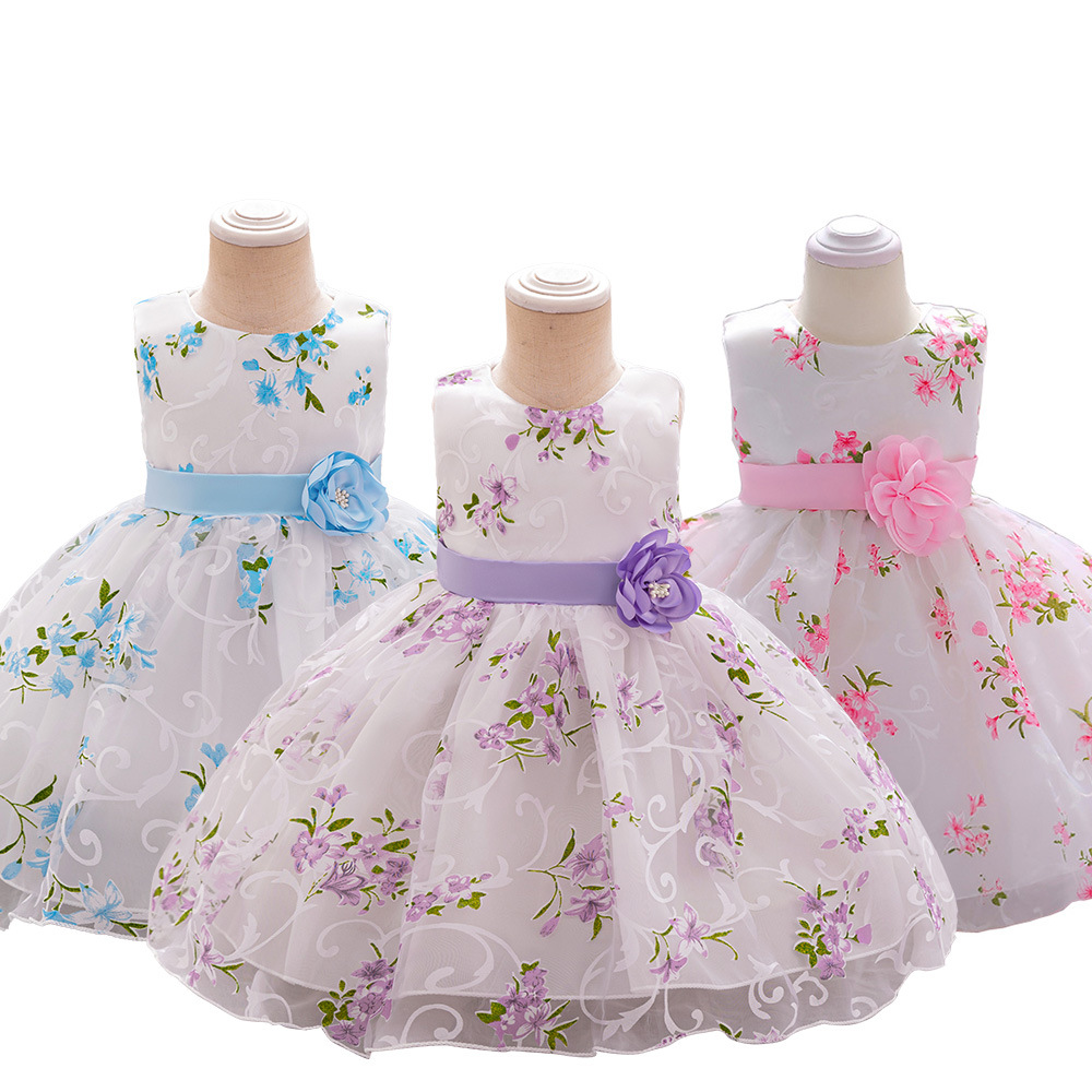 Children's Evening Dress 2024 European and American New Arrival Dress Printed Pollen Mesh Princess Dress Dress Ins A- line Dress Cotton