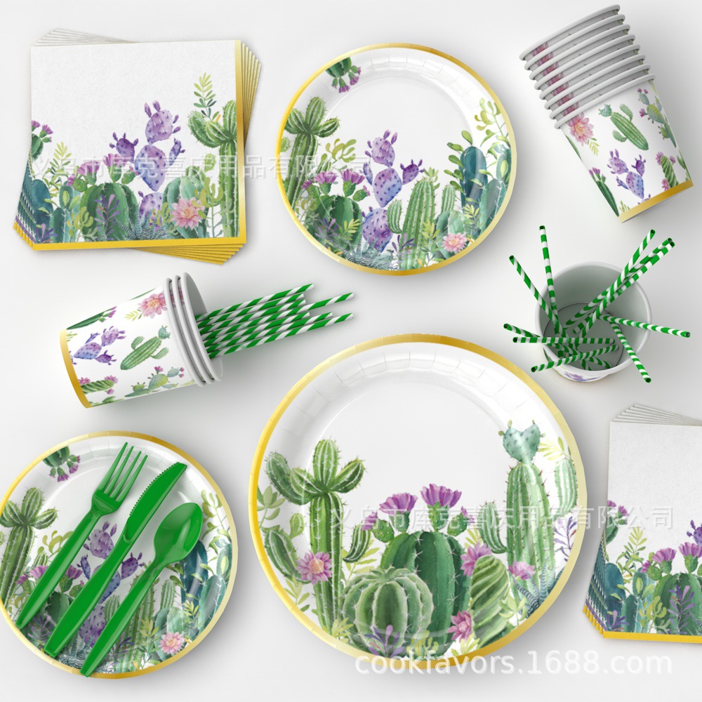Nuevo cactus de verano, bandeja de papel carnoso, taza de papel, juego de vajilla de toallas de papel, artículos de decoración de fiesta mexicana