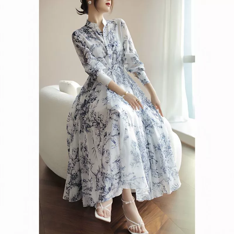 Французское платье новый китайский стиль чернила с принтом с принтом талия тонкая, высококачественное темпераментное платье мамы