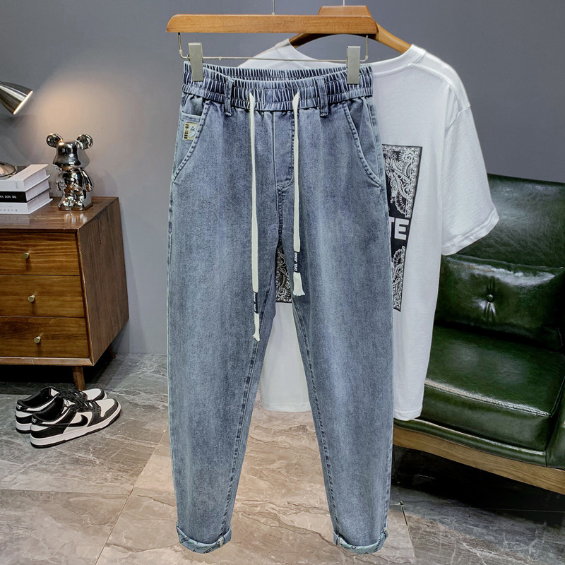 2024 spring and summer men's new rope jeans elastic waist casual all-match fashion loose men's straight pants 2024 spring and summer men's new rope jeans elastic waist casual all-match fashion loose men's straight pants