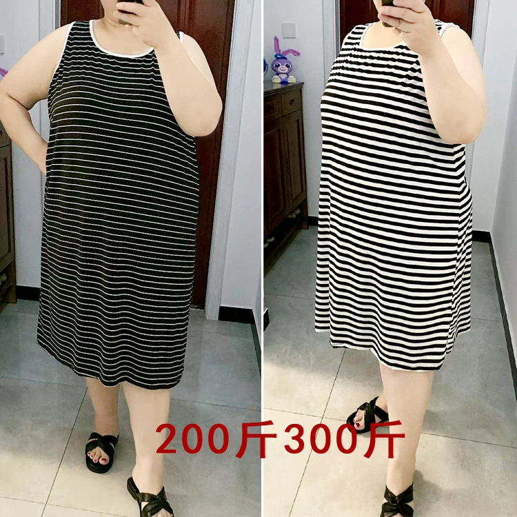 Платье больших размеров 200 кг 300 фунтов жира М Летний Полосатый свободный сарафан средней длины ночные рубашки